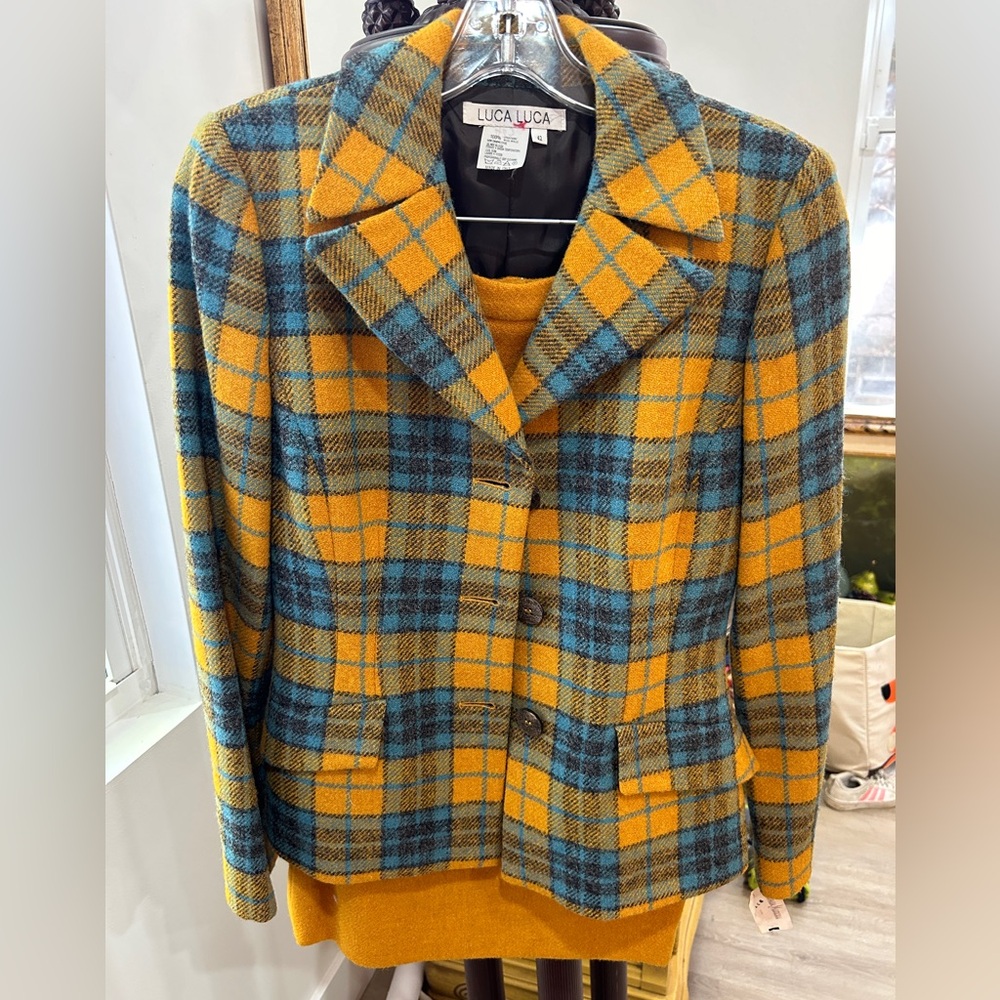 Luca Luca Vintage  100% wool blazer skirt set mustard yellow tartan